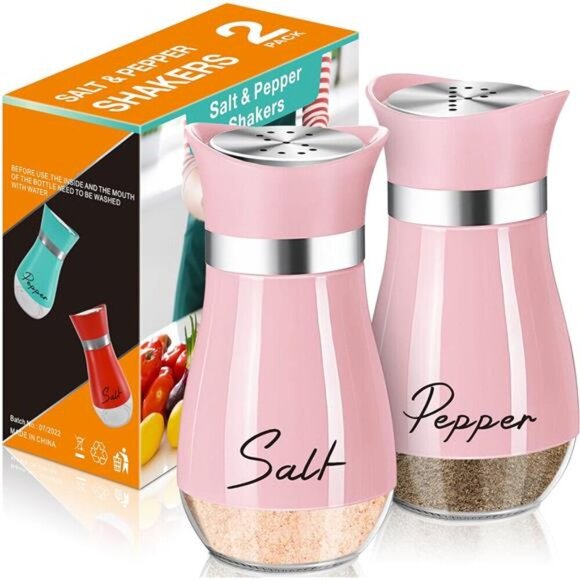 Pink Glass Salt and Pepper Shakers Set 4oz Stainless Steel Lid Farmhouse Kitchen - Picture 1 of 7